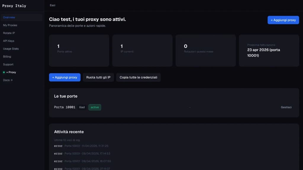 Screenshot dashboard Proxy Italy: panoramica porte, IP e scadenze